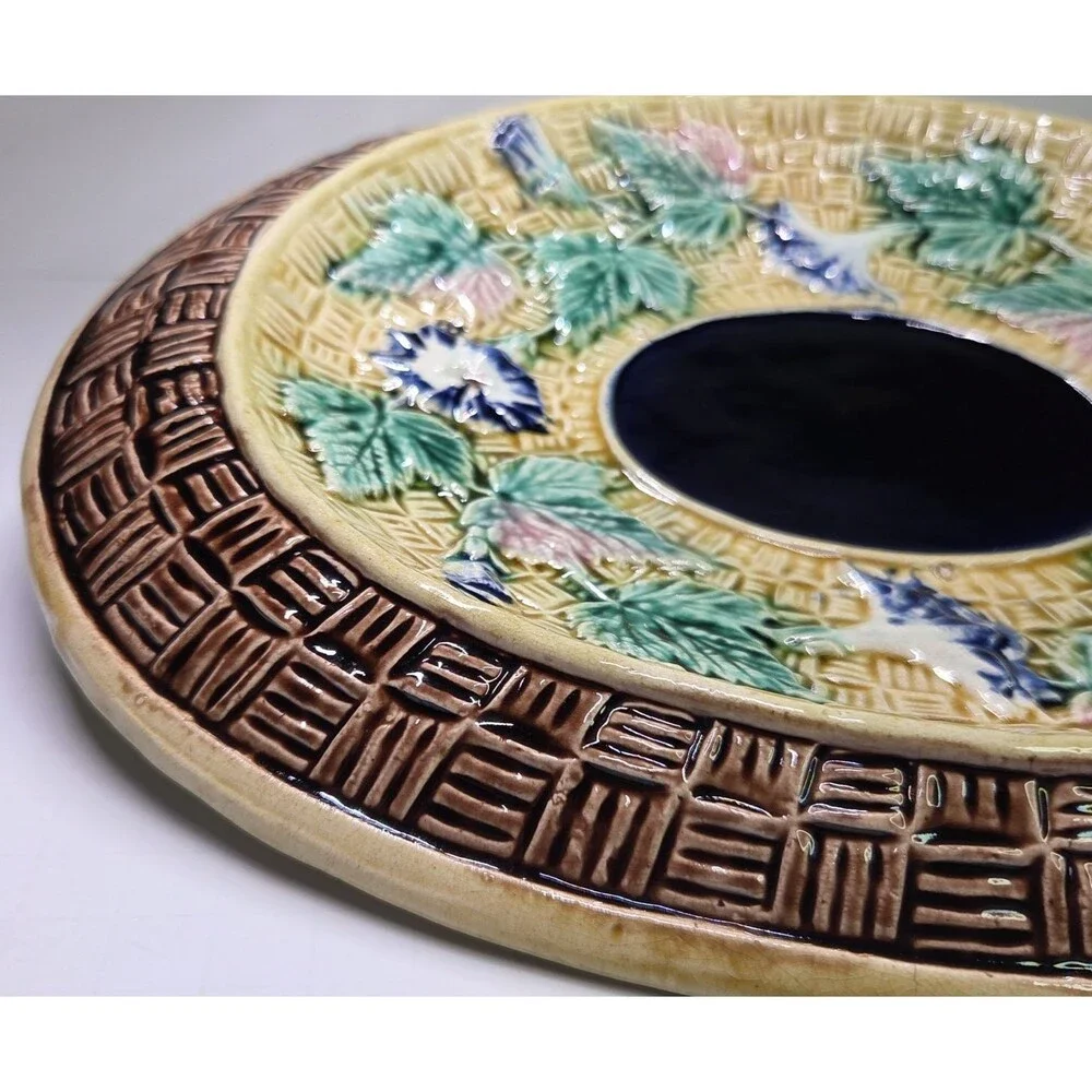 Antique Oval Majolica Basket Weave Footed Platter Floral Bread Bowl Cobalt 12¾